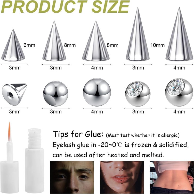 BodyAce 24Pcs Fake Nose Lip Labret Studs Eyebrow Rings, 3mm 4mm Replacement Balls Long Spike Cone with Eyelash Glue, Non-Piercing Body Jewelry Fake Skin Piercing - Image 2